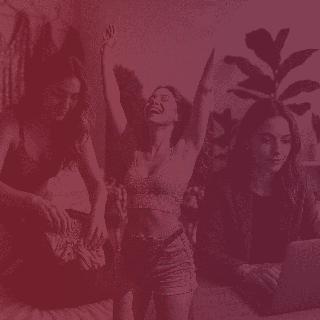 a woman depicted 3 times being happy to do her daily chores