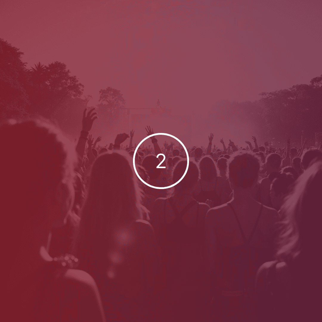 number two in a cirkel with on the background a large crowd partying with colour gradient overlay