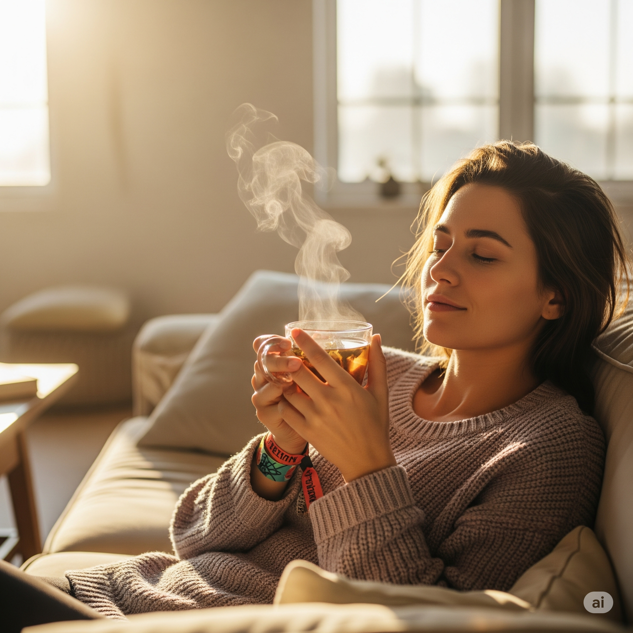 Woman holding warm cup of tea and relaxing with Ready2