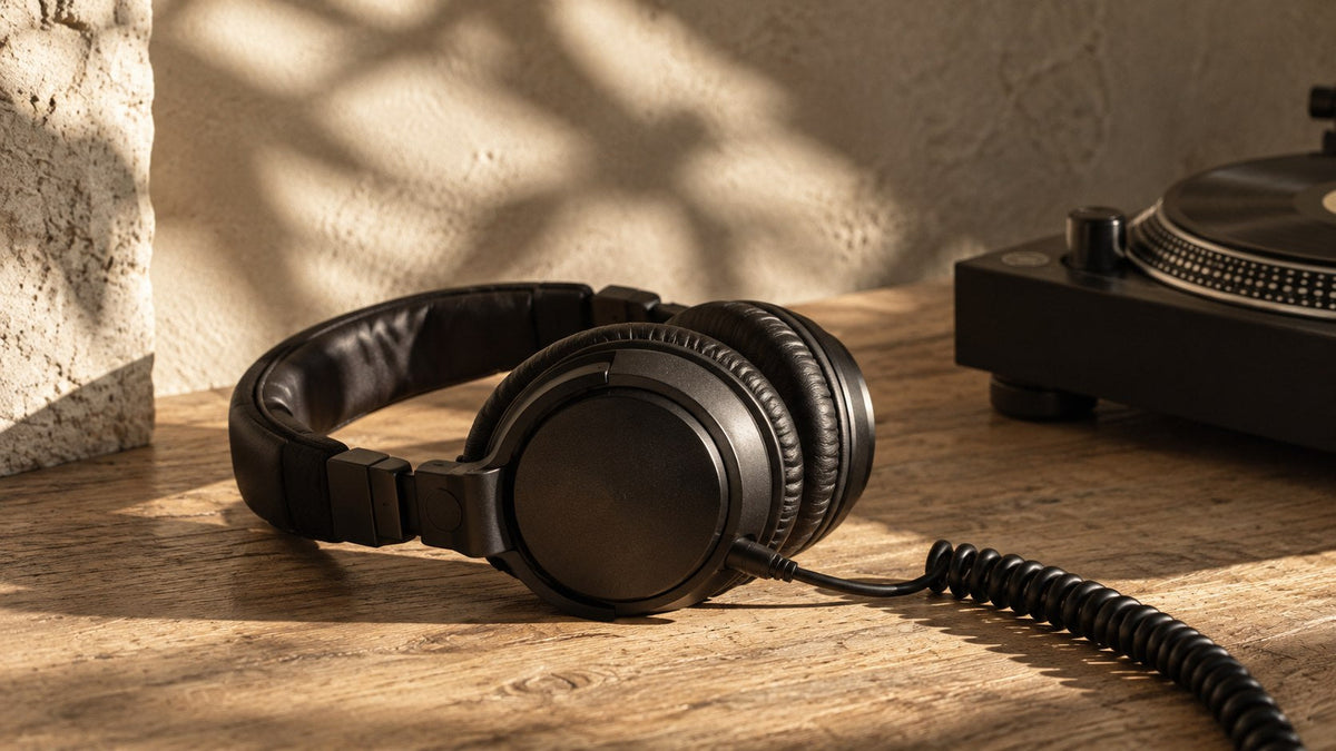DJ-koptelefoon naast de rand van een draaitafel