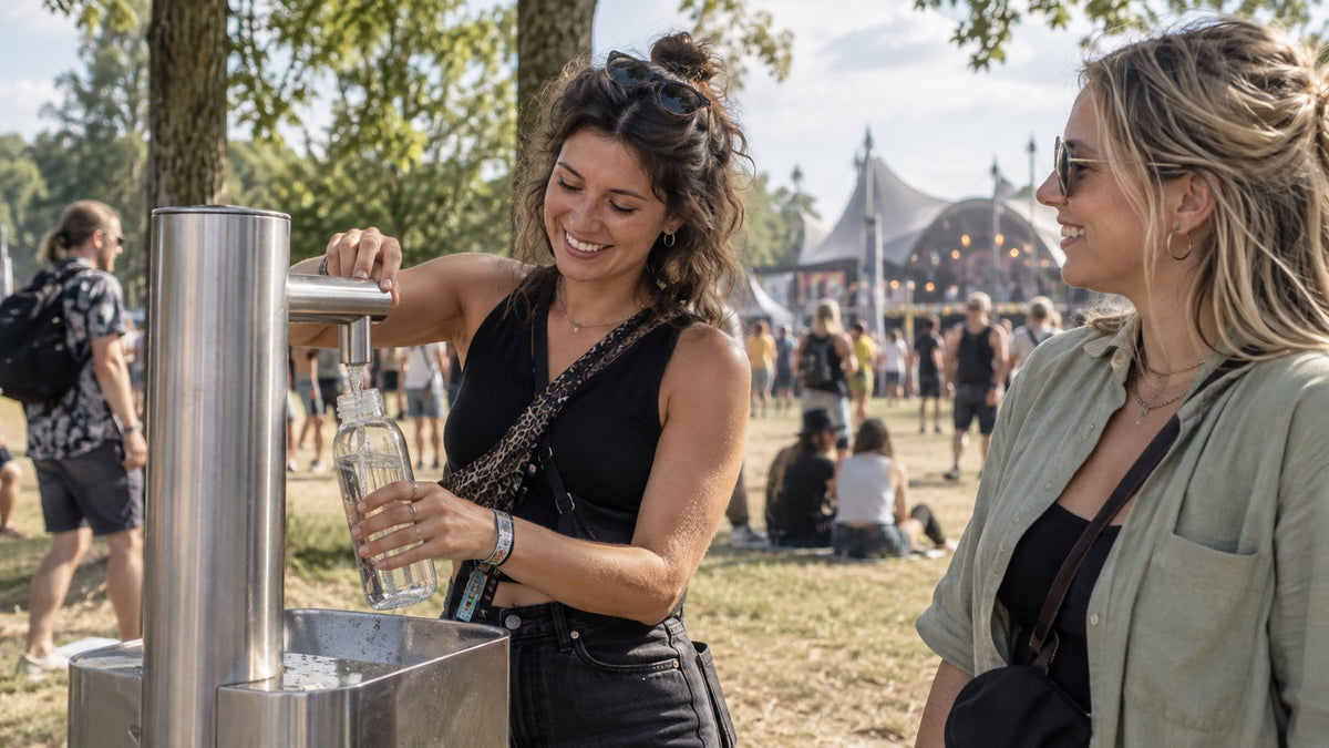 Waterfles bijvullen bij een watertappunt op een festival