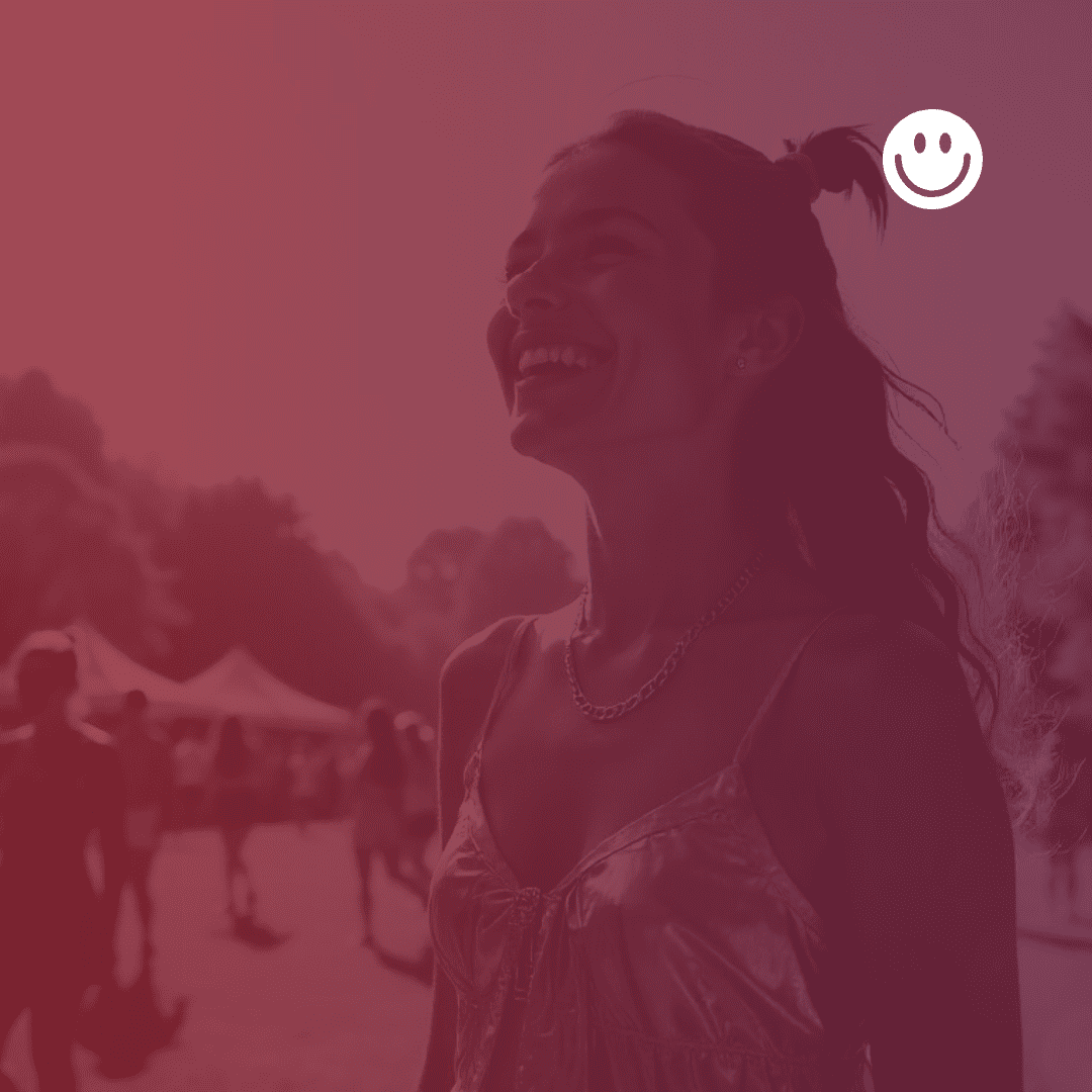 a woman on a festival being happy and smiling depicting the effect on mood of the supplement photo with colour gradient overlay